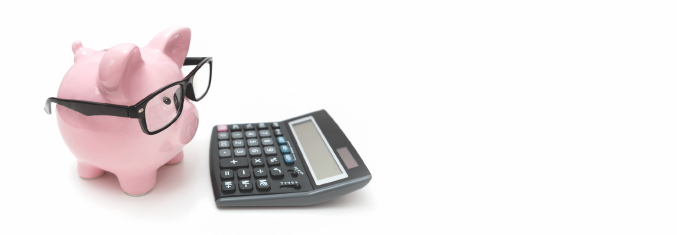 piggy bank wearing glasses with a calculator doing retirement math